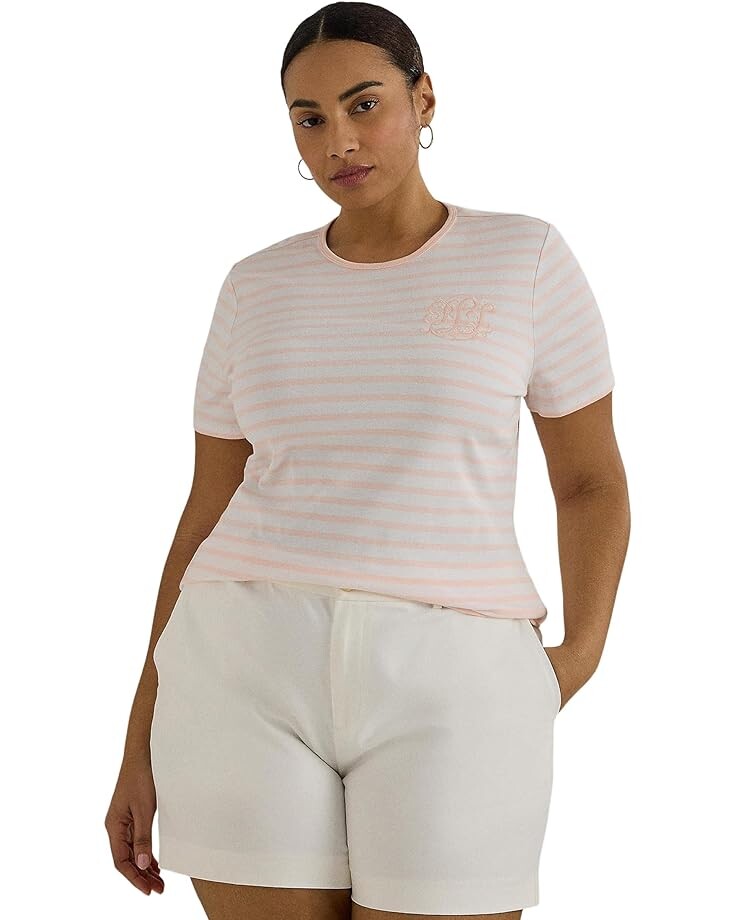 

Футболка LAUREN Ralph Lauren Plus-Size Striped Stretch Cotton Crewneck, цвет White/ Pink Opal