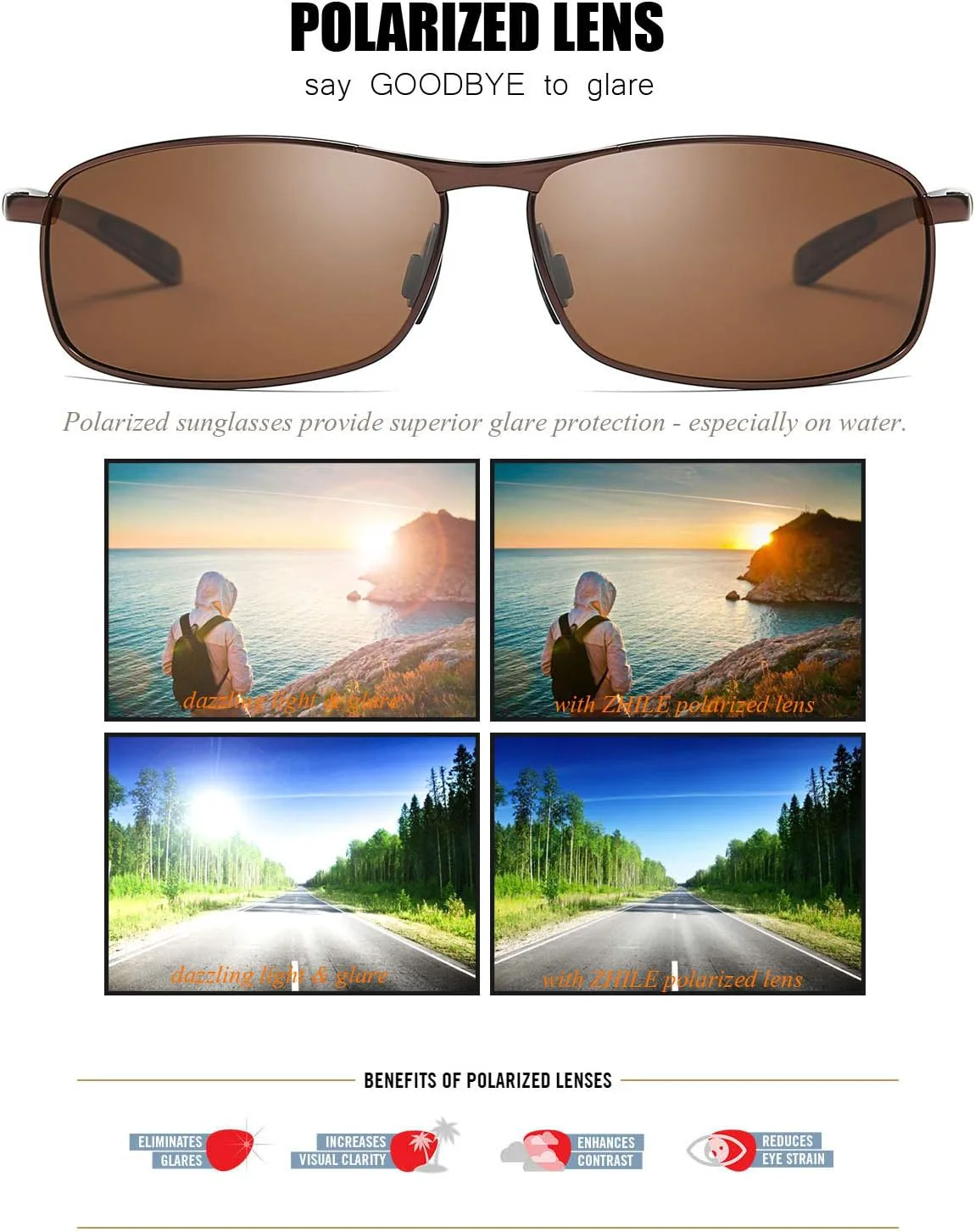 

Солнцезащитные очки ZHILE прямоугольной формы с поляризацией, дужки из алюминиево-магниевого сплава, пружинный шарнир, защита от ультрафиолета UV400, Black & Brown