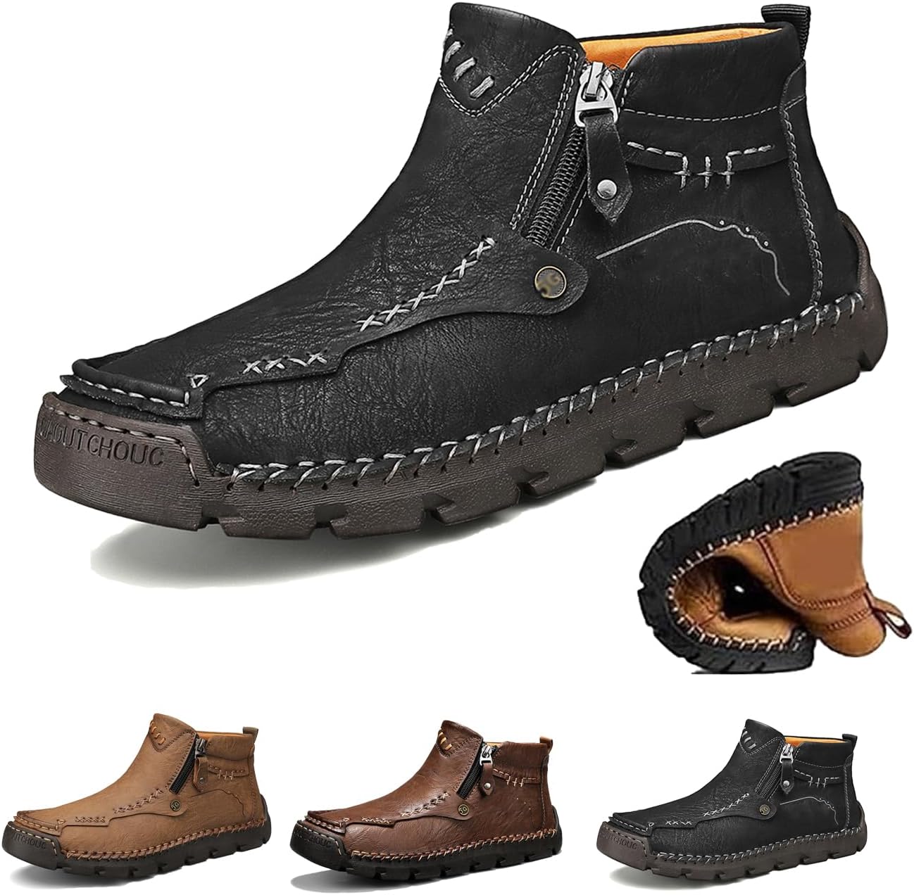 

Мужские кожаные ботинки ручной работы, мотоциклетные ботинки из искусственной кожи, мужские повседневные кожаные туфли, широкий носок, водонепроницаемые, противоскользящие Generic, черный