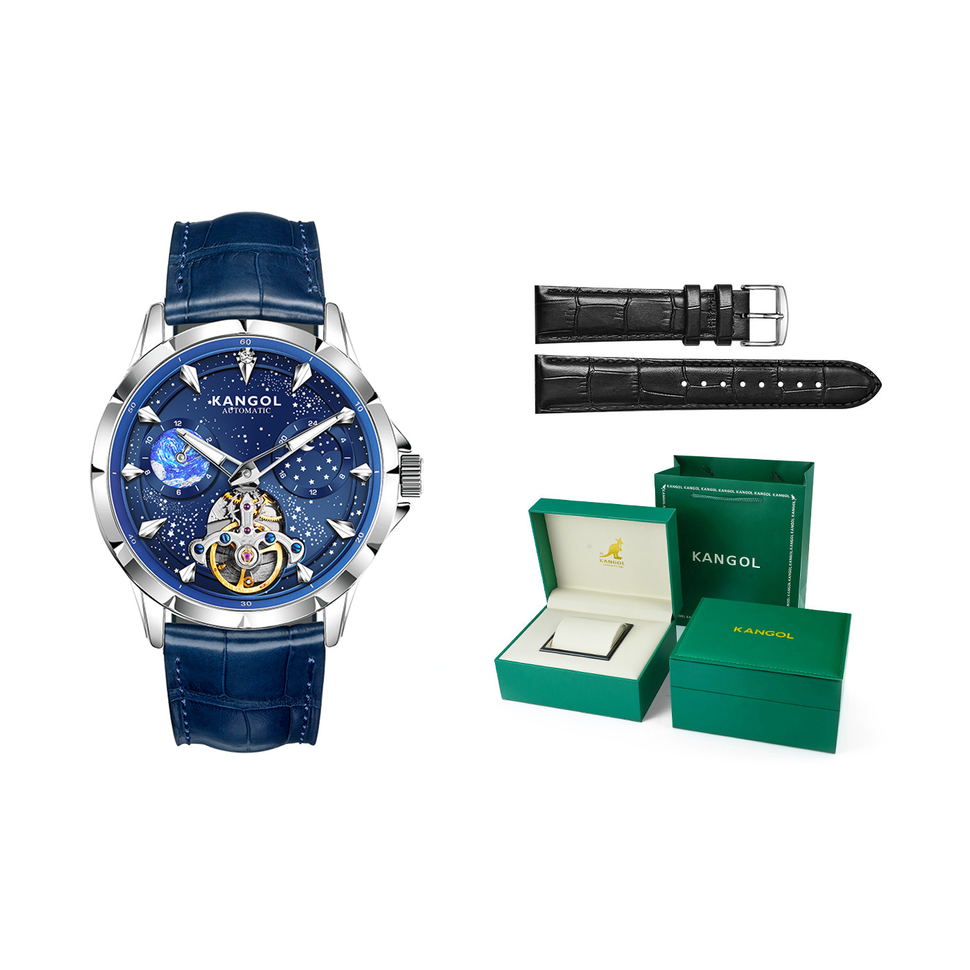 

KANGOL Часы Automatic Mechanical Movement Genuine Leather Strap Watch Men's Watch Black Dial, Silver Blue Dial