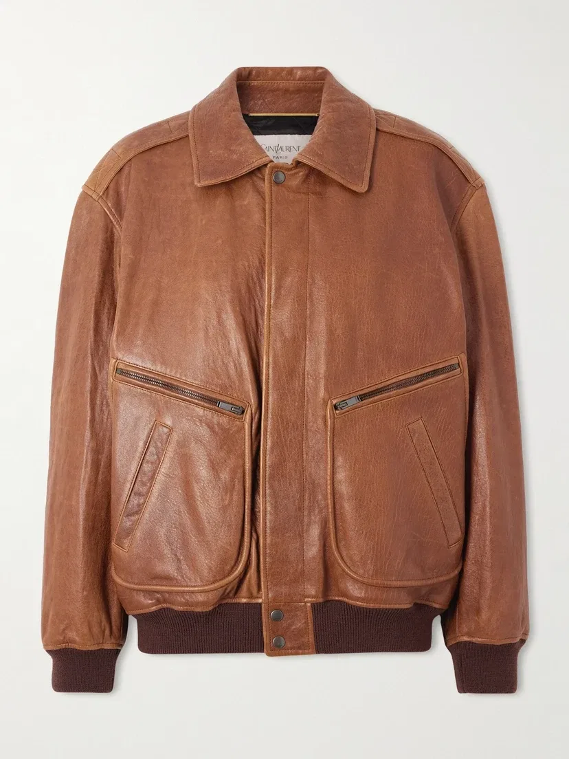 Кожаная куртка-бомбер SAINT LAURENT, коричневый
