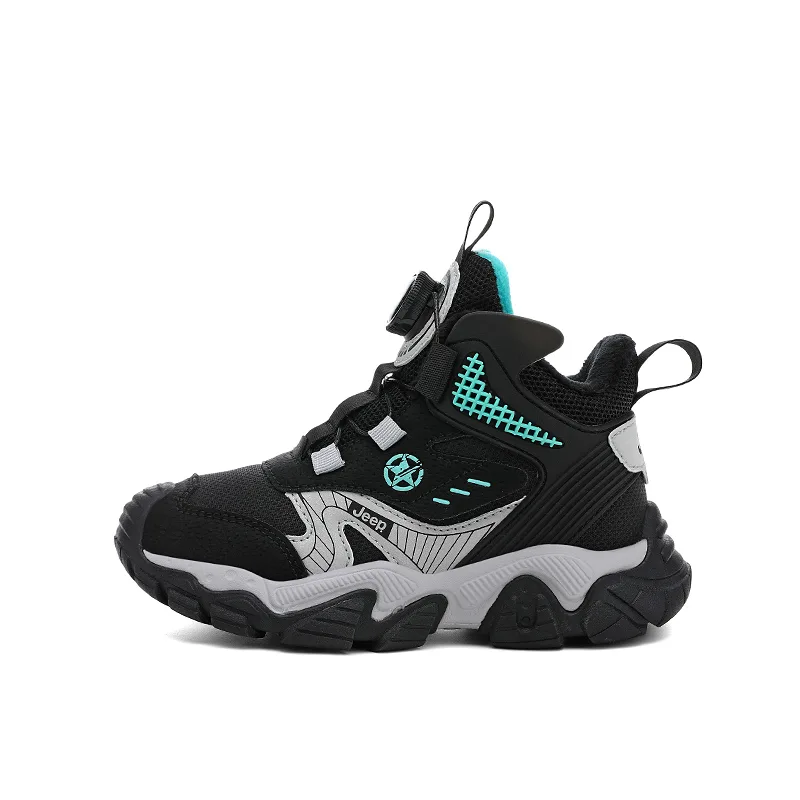 Детские уличные кроссовки mid-top из искусственной кожи с противоскользящей подошвой, защитой от ударов и термоизоляцией Jeep, Vintage Black-Thickened and Fleece-Lined