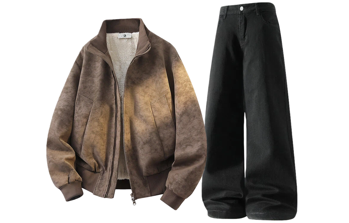 

Повседневная спортивная одежда унисекс с воротником стойка, утепленная и с флисовой подкладкой X1617, коричневый puffer jacket+черный fleece-lined pants