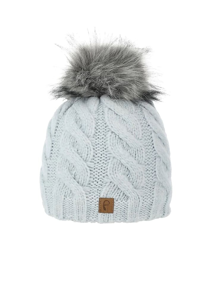 

Шапка Faera Warmes Beanie mit Kunstfell Bommel Zopfmuster, светло-синий
