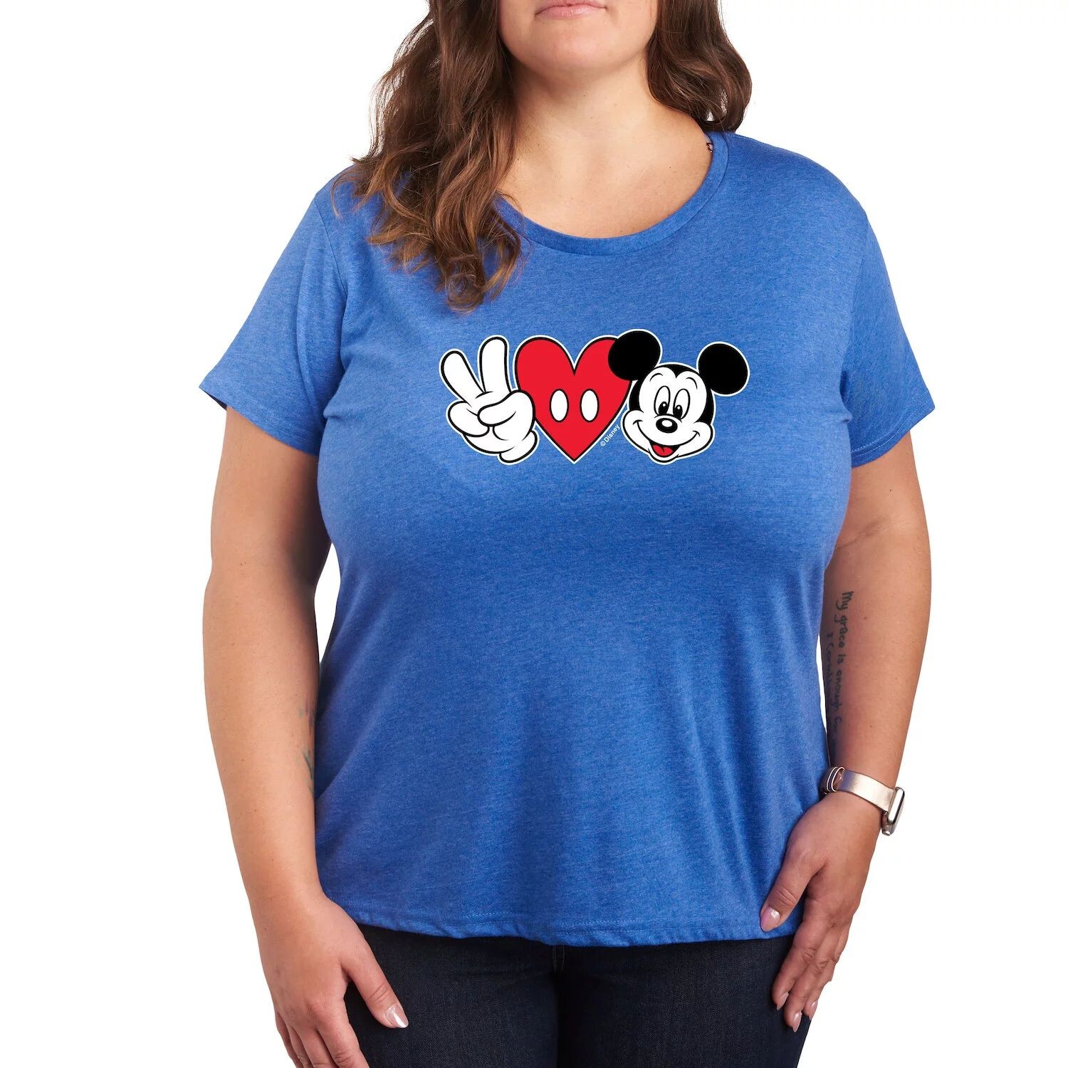 

Футболка Missy размера плюс с рисунком Disney Peace Love Mickey Licensed Character, синий