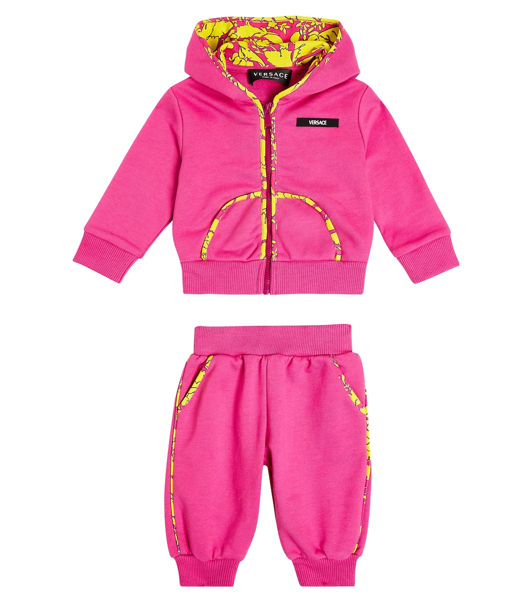 

Комплект из хлопкового трикотажа Baby Barocco с капюшоном и спортивными штанами Versace Kids, Fuxia+Giallo