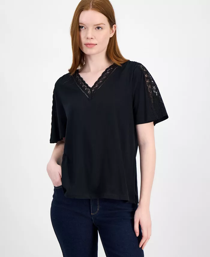 

Женский топ с V-образным вырезом и кружевной отделкой Style & Co, черный