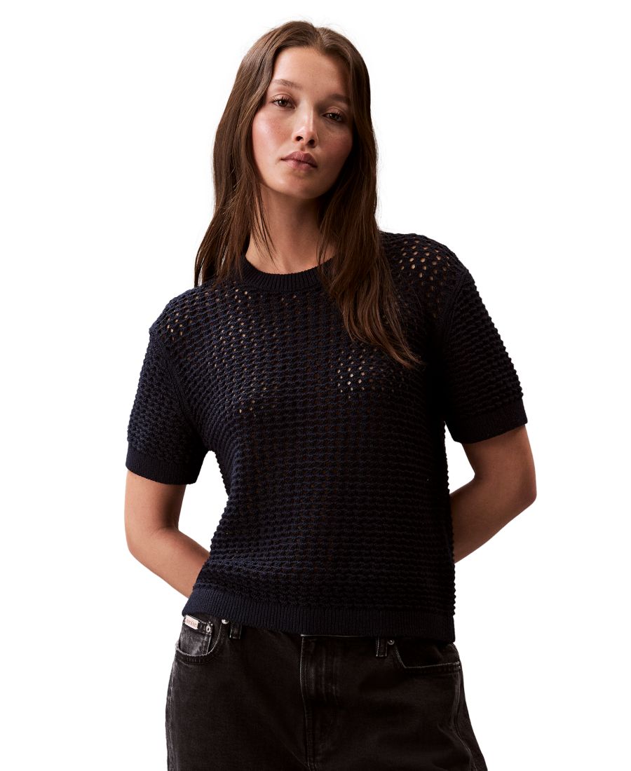 

Женский хлопковый свитер с короткими рукавами и ажурной строчкой Calvin Klein Jeans, Dark Sapphire