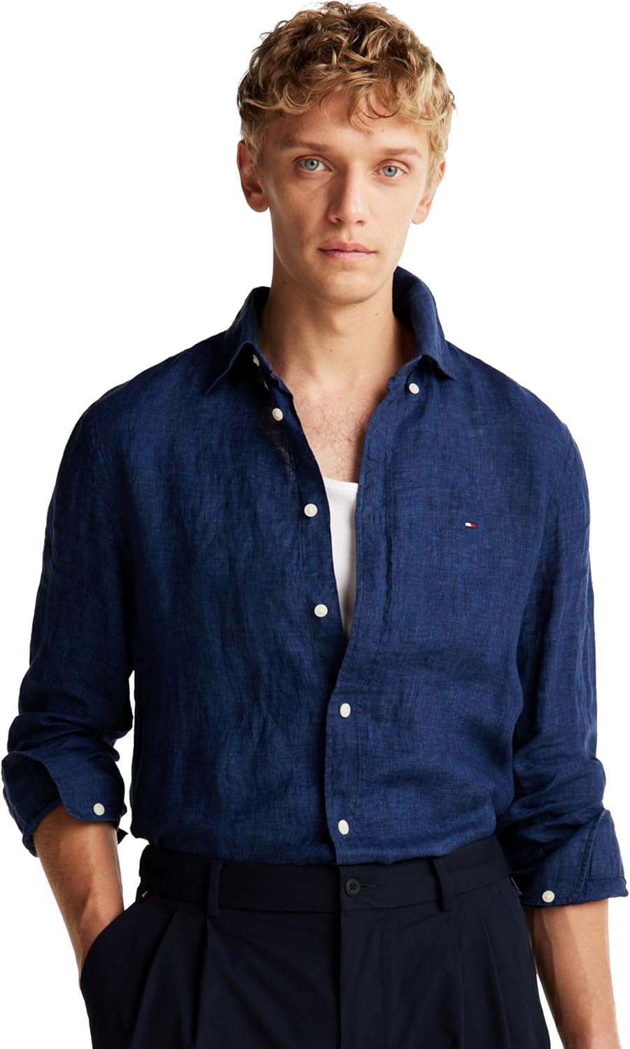 

Мужские повседневные льняные рубашки Tommy Hilfiger с длинным рукавом и застежкой на пуговицы, классический крой, Night Sky