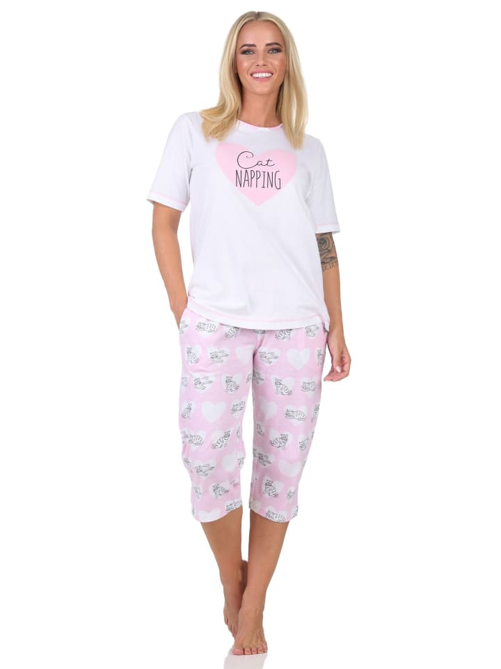 

NORMANN Пижама-капри с короткими рукавами, украшенная мотивами сердечек и кошек, размеры 125, 204 и 360, розового цвета