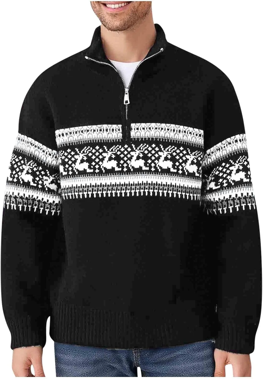 

Мужской свитер Ugly Christmas с воротником стойкой и застежкой-молнией на четверть, Slim Fit