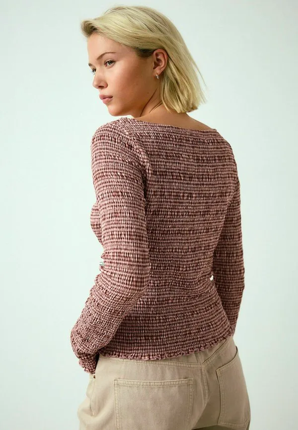 Топ прямого кроя с присборенным вырезом и длинными рукавами Next, Chocolate Brown Gingham — фото 3