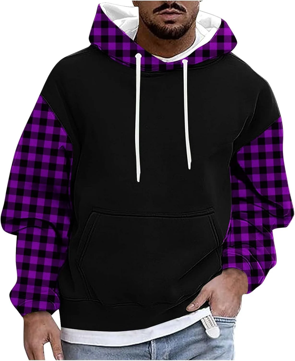 

Мужской свободный худи с длинным рукавом в стиле пэчворк