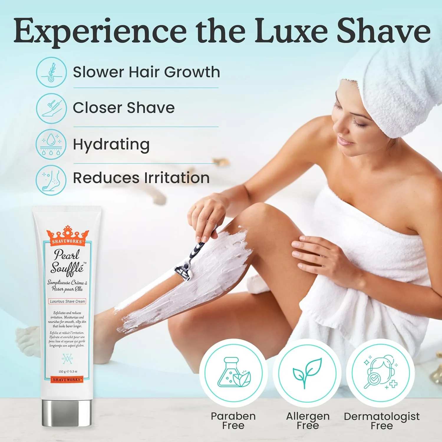 Крем для бритья Shaveworks для женщин, 160 мл, жемчужный суфле: отшелушивает, увлажняет, уменьшает раздражение и сводит к минимуму рост волос - для бритья зоны бикини и чувствительной кожи. 157 мл (1 шт.) — фото 2