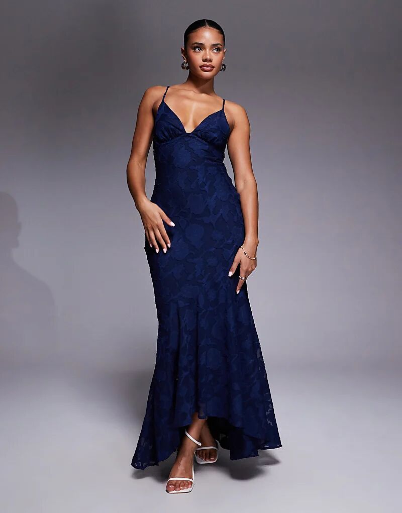 

Платье макси с глубоким декольте и бретельками на спине Princess Polly Cyrene с цветочным принтом и асимметричным вырезом, с лифом "рыбий хвост", темно-синего цвета