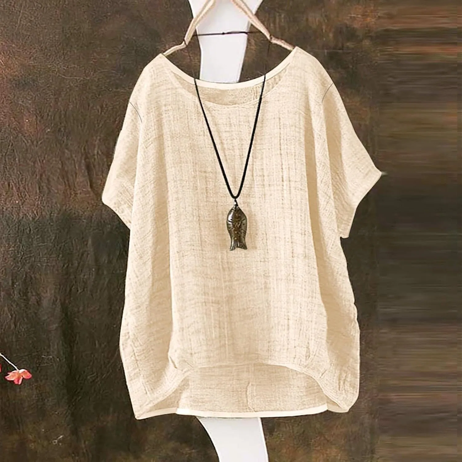 Футболка из хлопка и льна, Relaxed Fit, Beige — фото 3