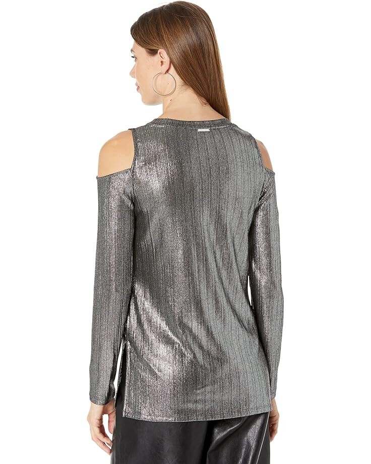 

Топ Michael Kors Foil Rib Long Sleeve Cold-Shoulder Top, черный/серебряный