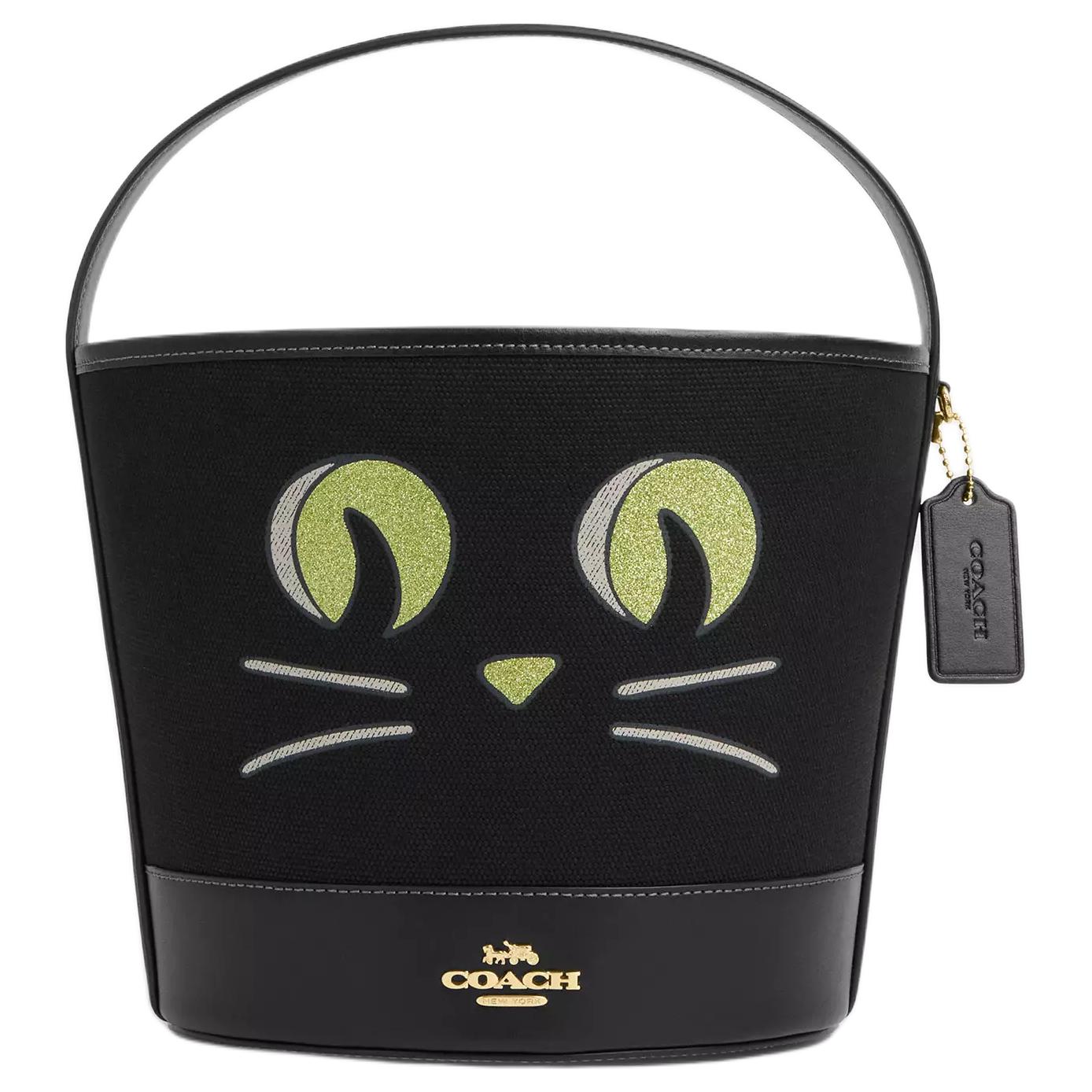 

COACH Сумка-ведро из холста с кожаными деталями среднего размера черная женская