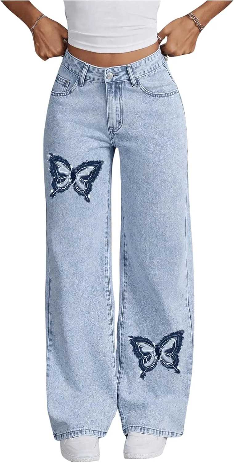 

WDIRARA Женские джинсы с принтом бабочки, низкой посадкой и прямыми широкими штанинами