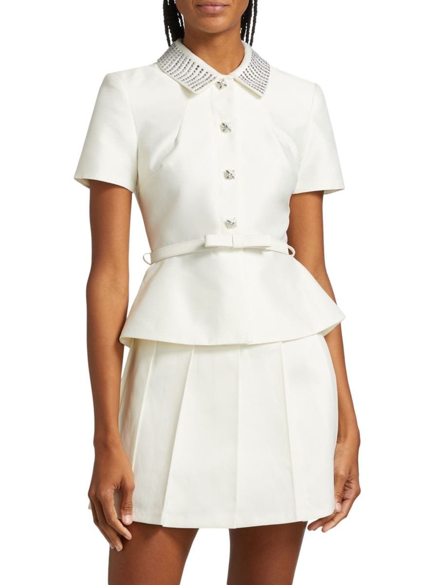 

Мини-платье из тафты со стразами и баской Self-Portrait, кремовый