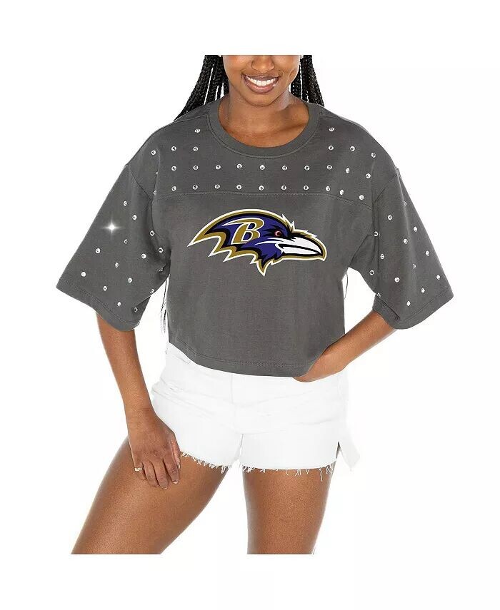 

Женская серая укороченная футболка Baltimore Ravens большого размера со стразами Gameday Couture