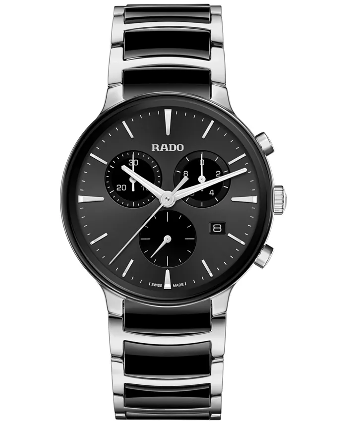

Унисекс-часы Swiss Chronograph Centrix с черным керамическим корпусом и браслетом из нержавеющей стали, 41 мм Rado
