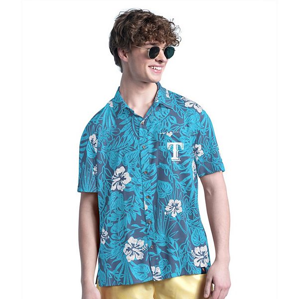 

Мужская синяя рубашка на пуговицах с принтом texas rangers palm shade party Margaritaville