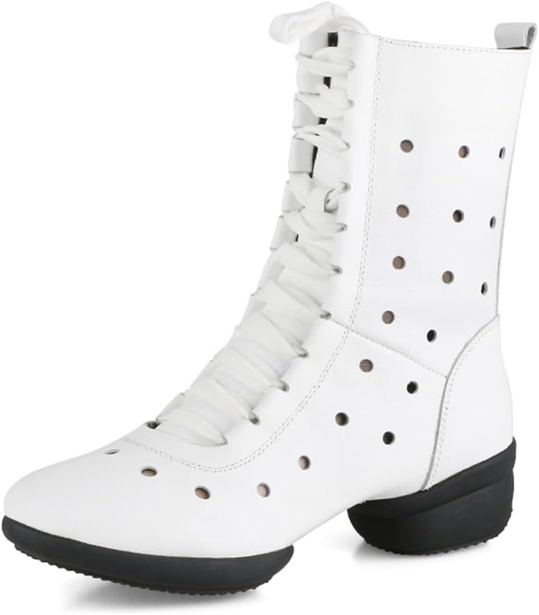 

Джаз-балетные ботинки, кружевные танцевальные кроссовки для женщин, кожаные высокие туфли для бальных выступлений Veacam, белый