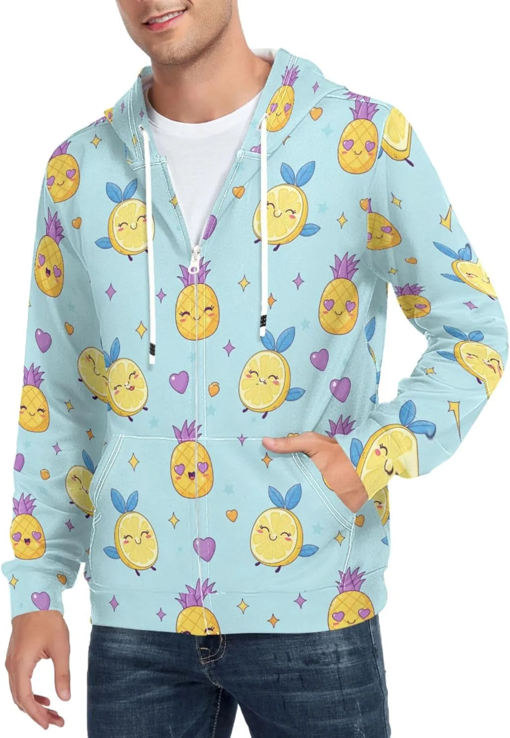 

Мужская толстовка с капюшоном на молнии, с рисунком ананаса и лимона, с длинным рукавом и карманом CUPADA