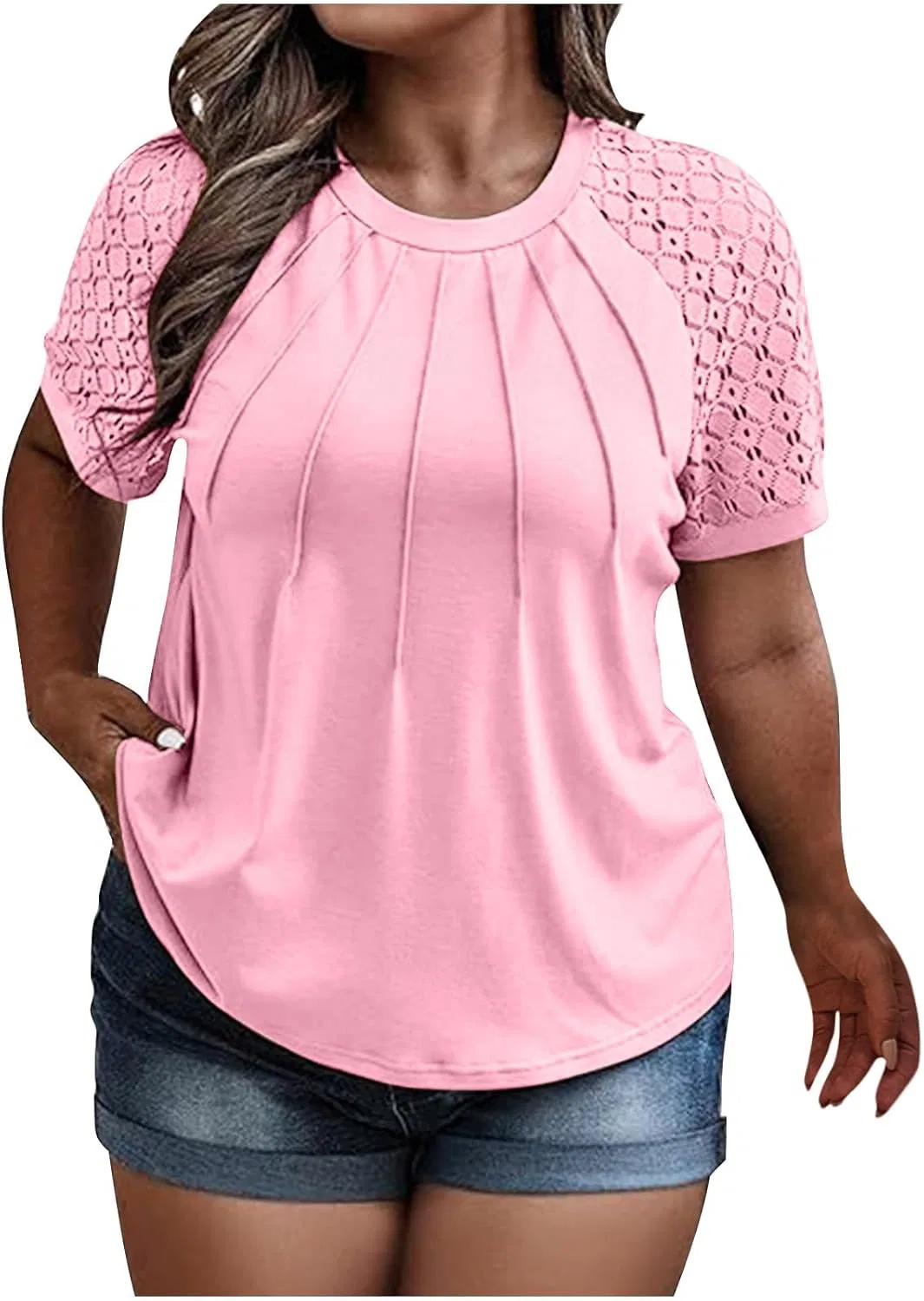 Футболка женская с кружевными рукавами, Oversized, Pink