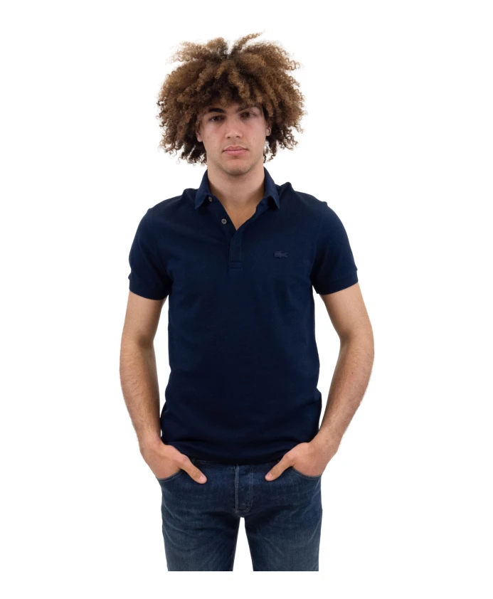 

Мужская приталенная рубашка-поло темно-синего цвета Lacoste, синий