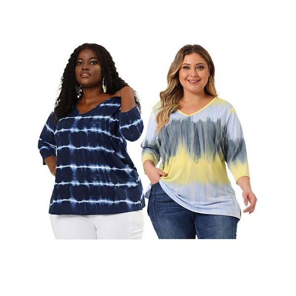

Футболка plus size для женщин v-образным вырезом и 3/4 рукавом в полоску с принтом тай-дай Agnes Orinda, Blue Gray Yellow, Желтый, Футболка plus size для женщин v-образным вырезом и 3/4 рукавом в полоску с принтом тай-дай Agnes Orinda, Blue Gray Yellow