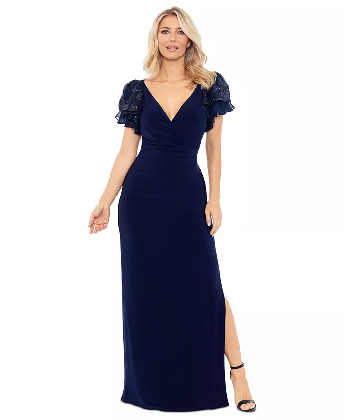 

Женское платье с кружевными рукавами и запахом на шее Surplice-Neck Gown Betsy & Adam, синий