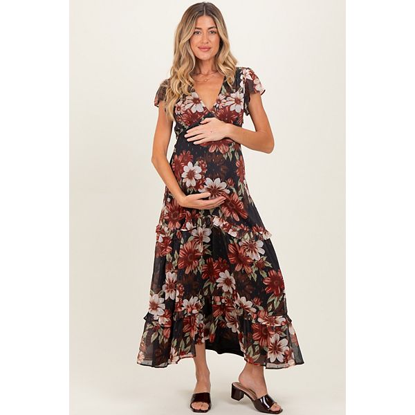 

Длинное платье-макси из шифона с цветочным принтом и V-образным вырезом, с длинными рукавами, для беременных. Pinkblush, Black