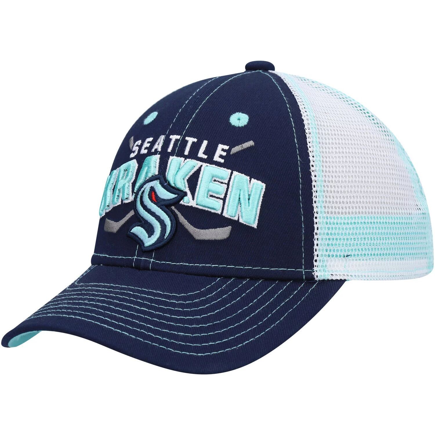 

Молодежная шляпа Deep Sea Blue/White Seattle Kraken Core Lockup Trucker Snapback Outerstuff