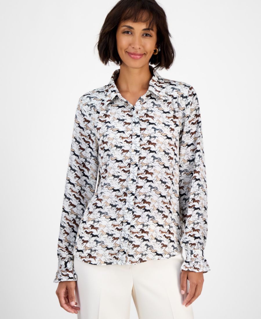 

Женская блузка с принтом под лошадь, застежка на пуговицы спереди T Tahari, Wild Horse