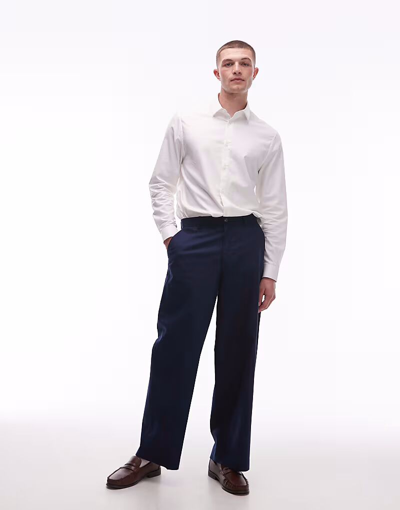 

Широкие брюки Topman из льняной смеси темно-синего цвета