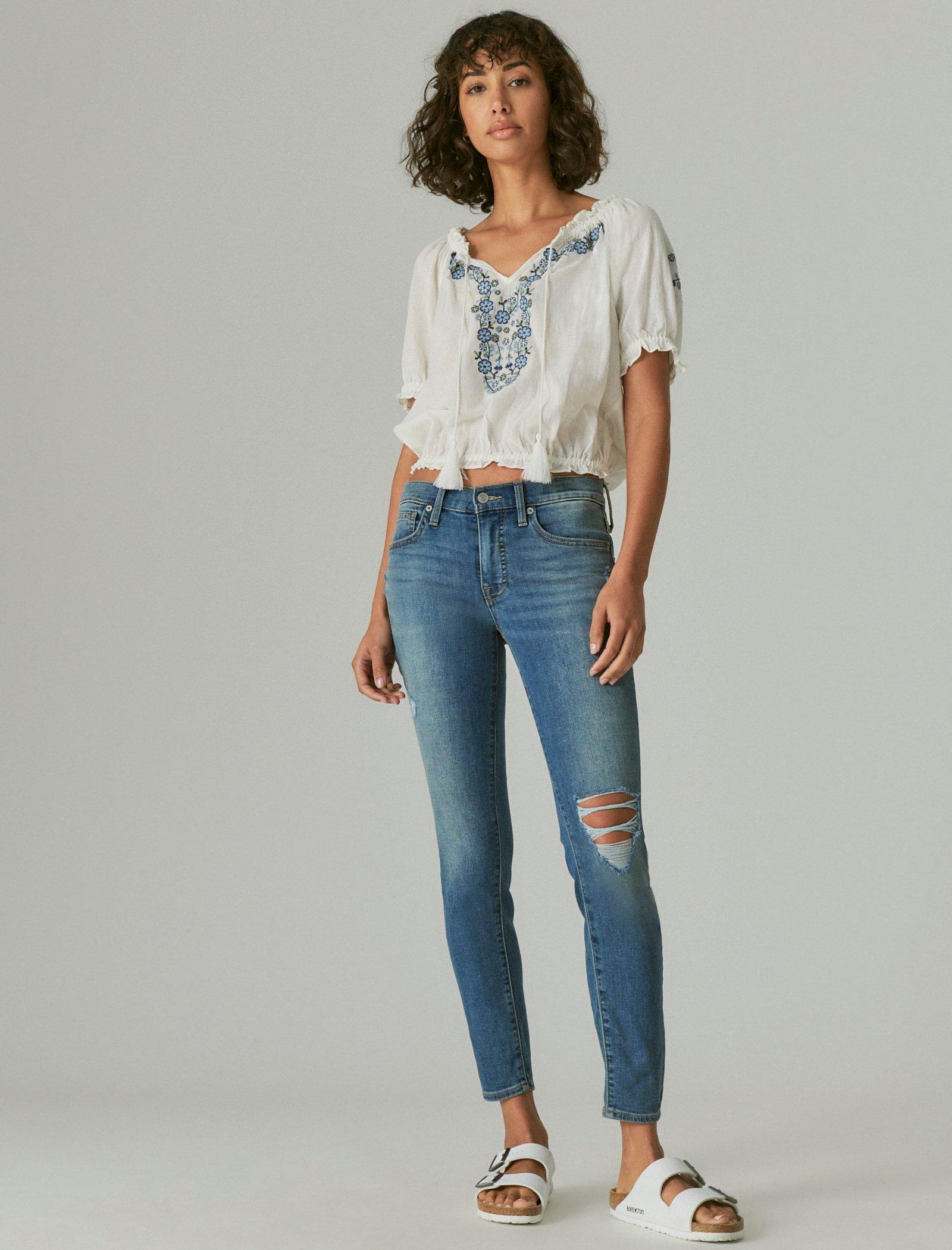 

Lucky Brand женские джинсы средней посадки Ava Super Skinny Destruct, цвет medium dark blue