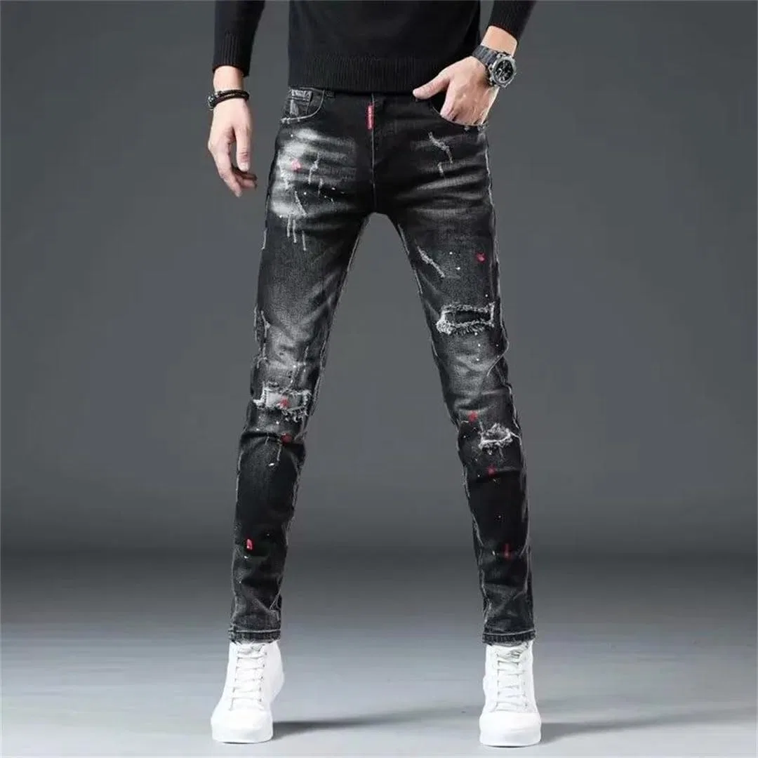 Джинсы с потертостями, Men's High Street Ripped Jeans Cowboy Paint Splash Ink Pants, Black — фото 4
