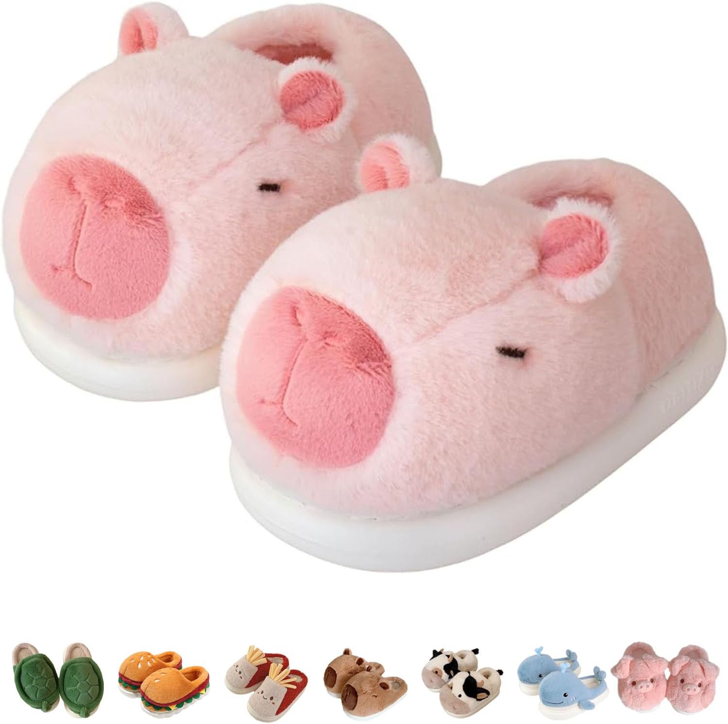 

Тапочки Jfxgjuv в виде черепахи, пушистые тапочки-животные для взрослых и детей, милые плюшевые тапочки-гамбургер, капибара, корова, свинья, акула, мягкие зимние теплые домашние обувь для улицы и дома, розовый