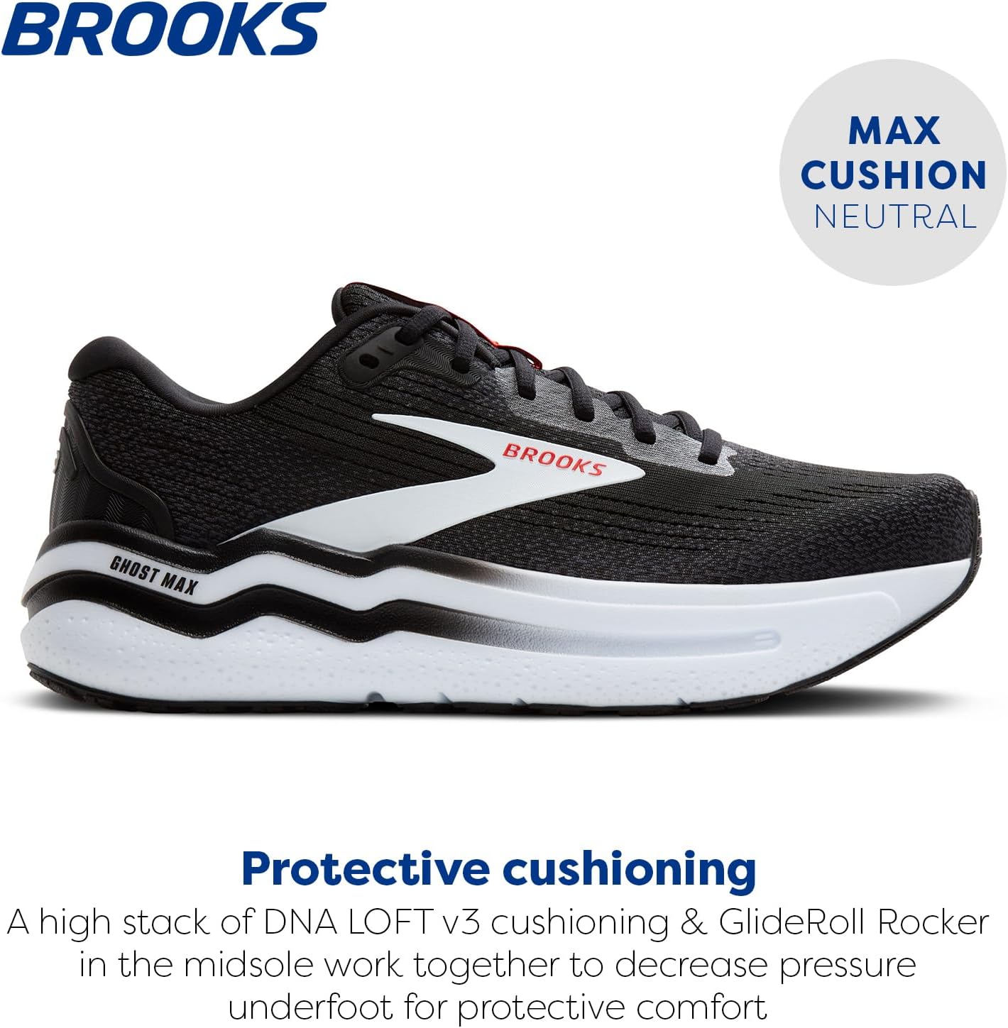 Мужские кроссовки Brooks Ghost Max 2 для бега и ходьбы, белый/черный/красный — фото 2