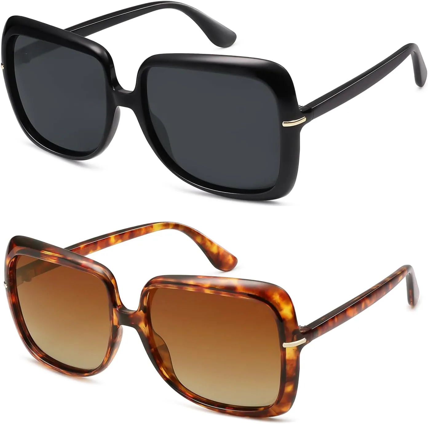 

Поляризованные большие квадратные солнцезащитные очки VANLINKER в стиле 70-х для женщин, ретро-винтаж VL9836, 2 Pack All Black + Tortoise Frame Gradient Brown Lens