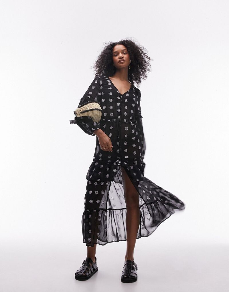 

Черное пляжное платье макси с вышивкой Topshop
