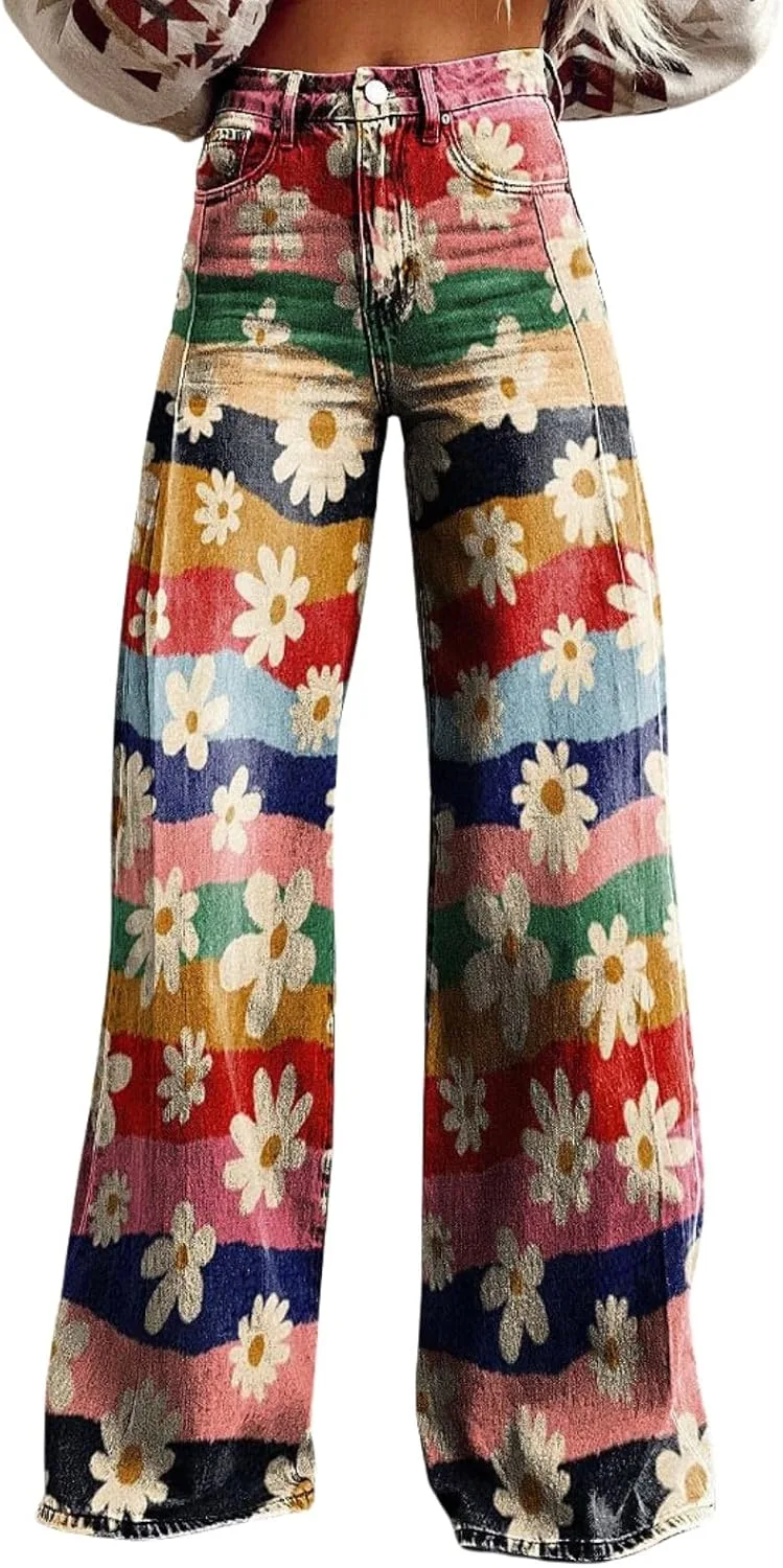 

Женские джинсы wide leg с карманами, vintage floral print, high waist