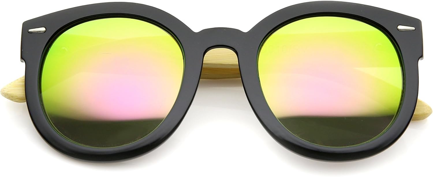 

Солнцезащитные очки zeroUV с зеркальными линзами, изготовленные из натурального бамбука, круглые, диаметр линз 53 мм, экологичные, с дужками из натурального бамбука, Black / Pink Yellow Mirror