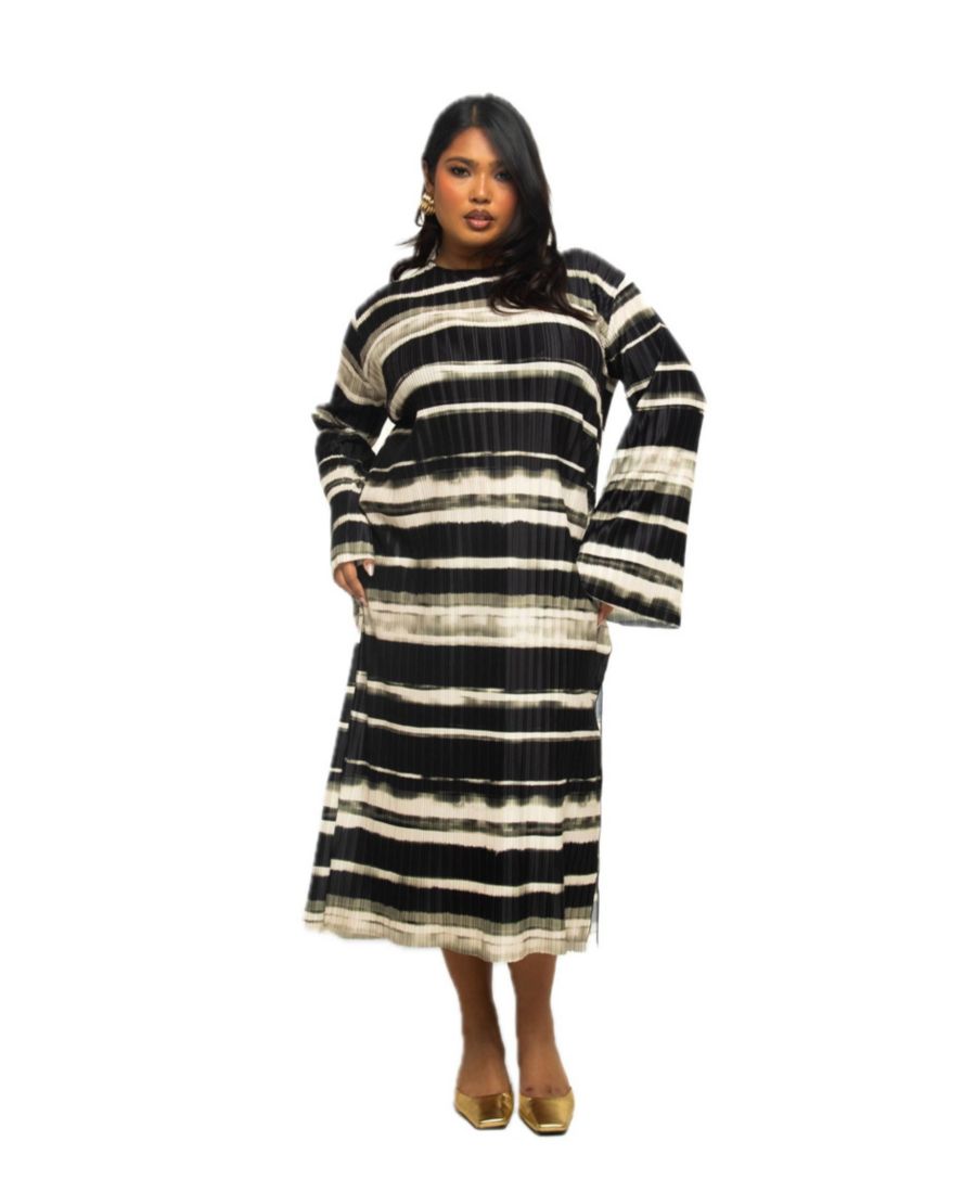 

Женское миди-платье с длинными рукавами и полосатым плиссированным узором FASHION-SZN CURVE, Khaki