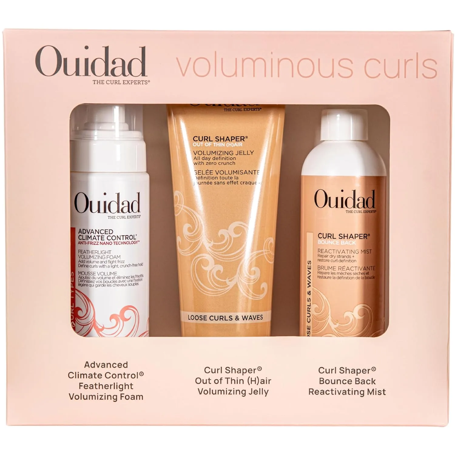 Набор Ouidad Voluminous Curls, спрей против пушистости для активации кудрей (250 мл), пенка для объема (200 мл) и гель для завивки (250 мл), легкая формула, для всех типов кудрей, white