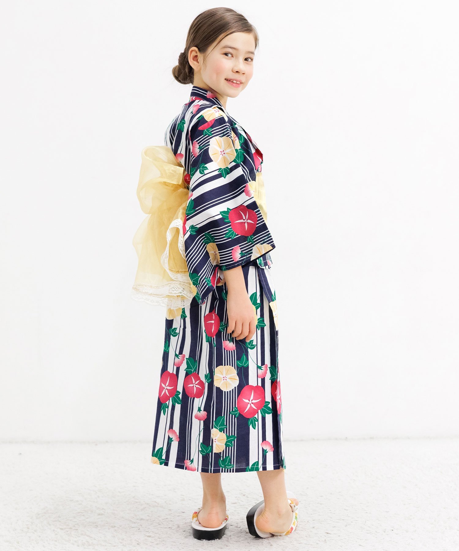Комплект юката из 3 предметов (100% хлопок, раздельные слои, легко надевать, детская одежда, для девочек) Children's clothing Bee, Navy stripes × morning glories — фото 2