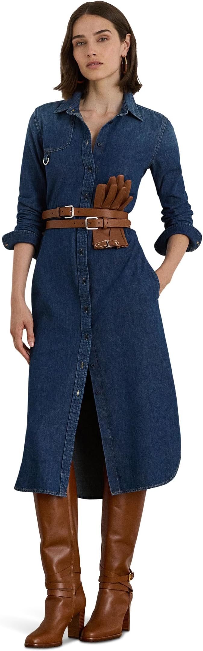 

Платье Lauren Ralph Lauren Horsebit-Trim Belted Denim Shirtdress, цвет Atecco Wash