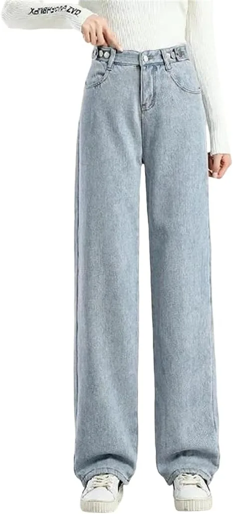 

Женские джинсы с высокой талией и широкими штанинами, утепленные флисом, свободного кроя в корейском стиле, эластичные, для зимы